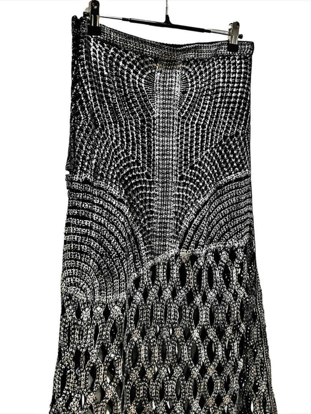 NWT Elegant Euro Sheer Knotted Crochet Lace Silver Metallic A-Line Maxi Skirt - Picture 10 of 12